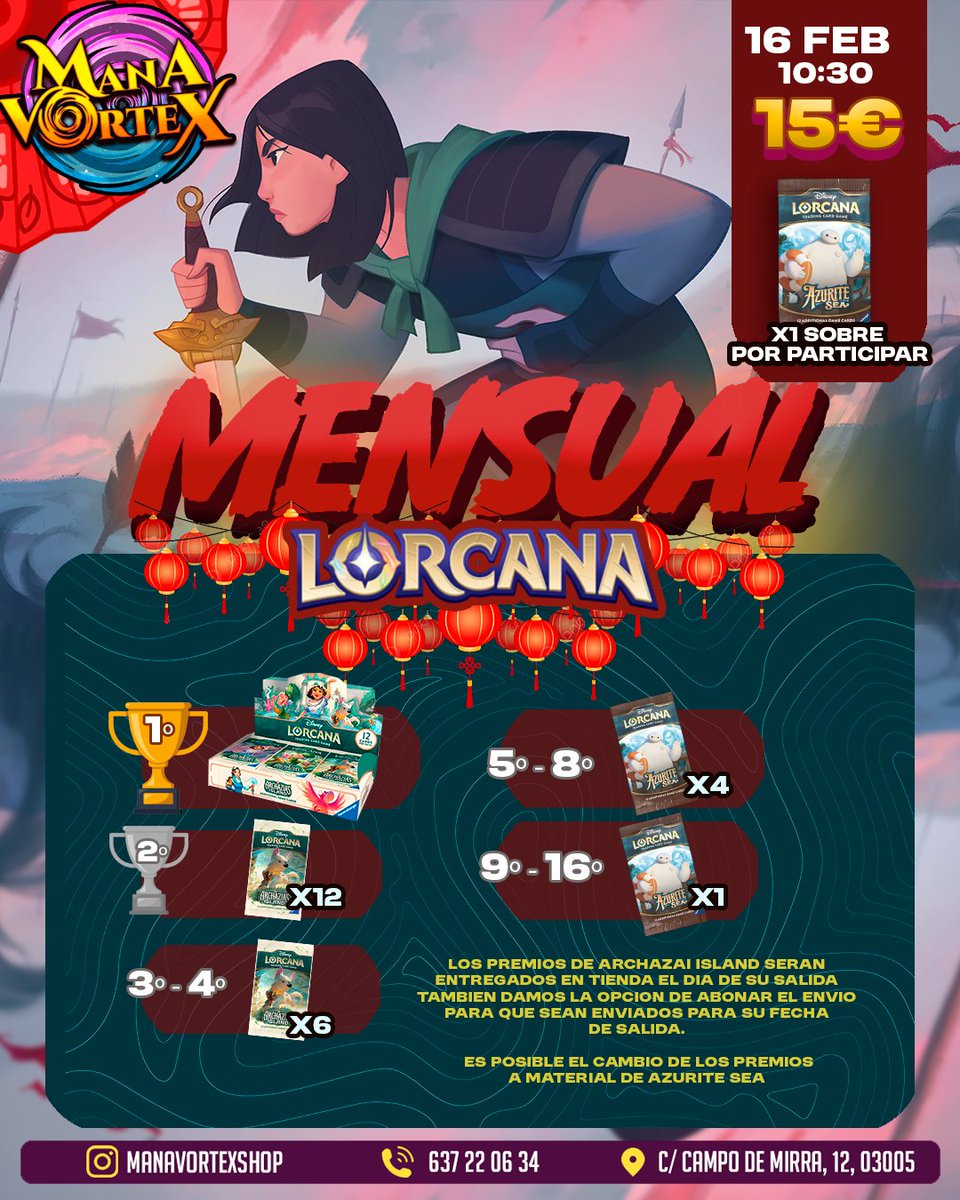 🏆MENSUAL LORCANA🏆

Vuelve el Mensual de Lorcana con una peculiaridad, los 4 primeros puedes elegir los premios en sobres de Archazai's Island.

Despedimos Azurite Sea por todo lo alto👏

🗓️16 de Febrero, 10:30 AM
🗺️ Mana Vortex, Alicante
🛒 Pilla tu plaza: