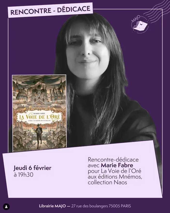 ✨ AGENDA DU JOUR

Ce soir à 19h30 à la librairie Majo à Paris, retrouvez Marie Fabre pour une rencontre-dédicace autour de son premier roman La Voie de l'Oré, Le maître de l'anarchie ! 🕵️

👉mnemos.com/livre/la-voie-…