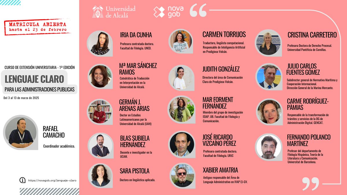 🧵 Las inscripciones para el curso de #LenguajeClaro para las Administraciones públicas se cierran el 23 de febrero. 

Puedes reservar tu plaza en novagob.org/lenguaje-claro y aprender con un magnífico equipo docente.
 ⬇️