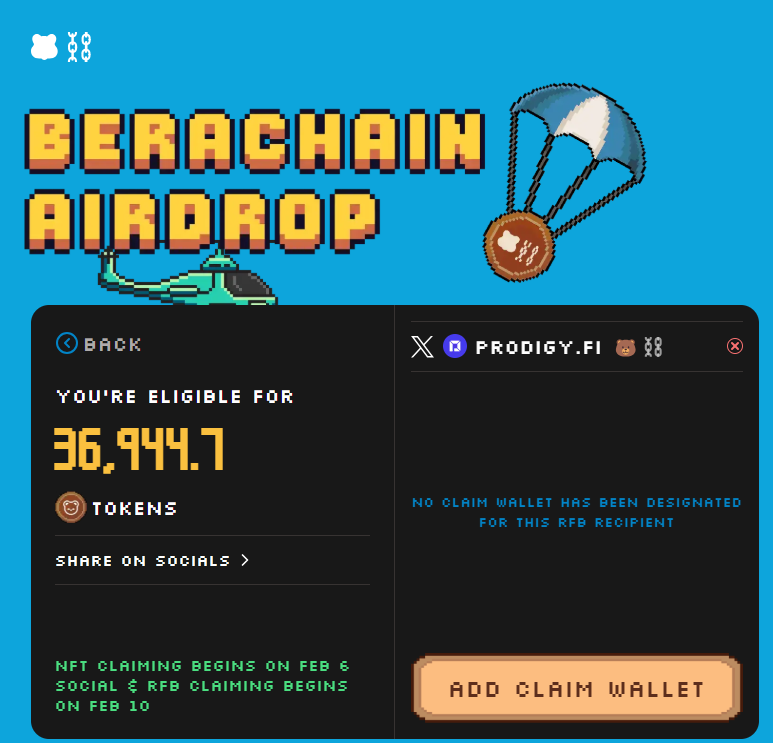 ProdigyFi's tweet photo. Prodigies, we go big and BERA

As part of @Berachain RFB, we've received BERA allocation.

10% to 15% will be reserved to reward ProdigyFi testnet users. https://t.co/orm04Ob5Gn