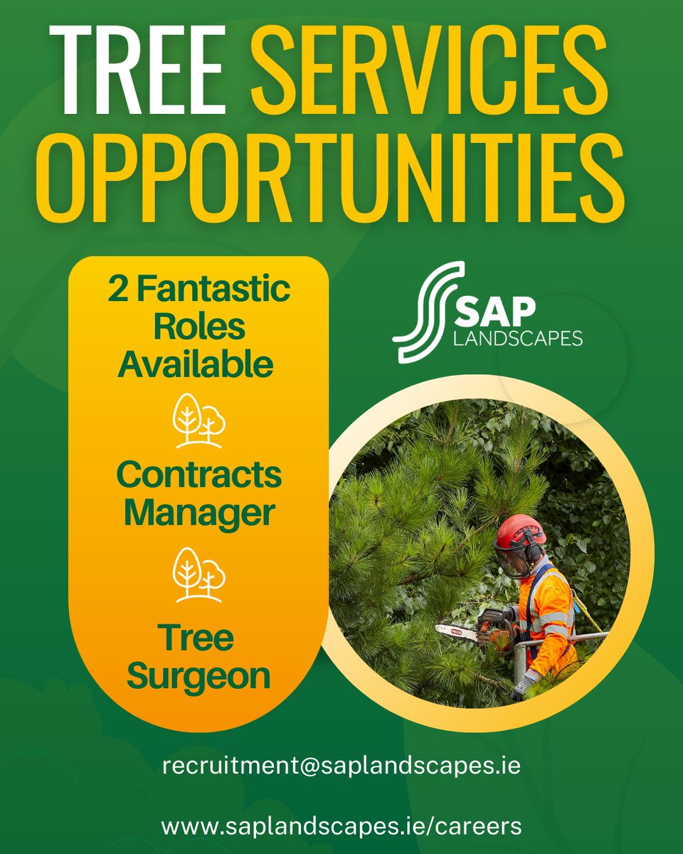 #JobFairy #JobFairy
Our dedicated Trees Services team rises to the challenge of maintaining the safety and aesthetics of our client's commercial premises, and we are on the lookout for talented professionals to join our team.
saplandscapes.ie/careers
#saplandscapes #opportunities