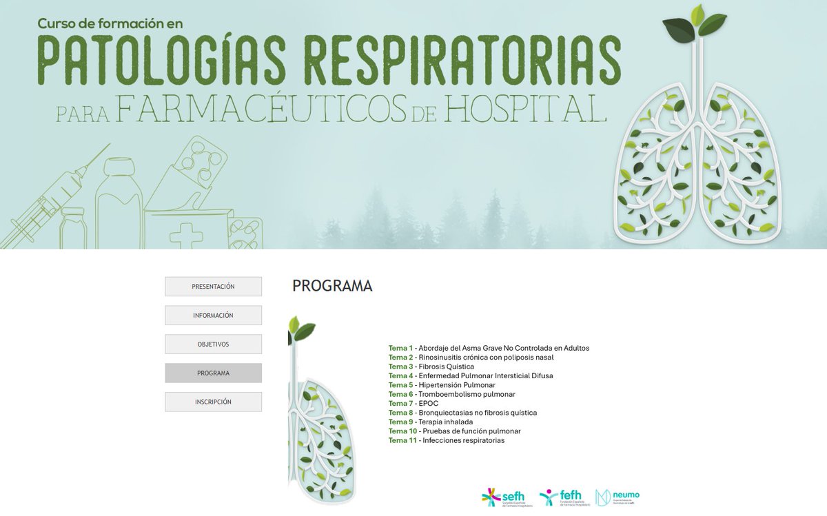 📢Abrimos inscripciones para el Curso de formación en patologías respiratorias para farmacéuticos de hospital <a href="/sefh_/">S.E.F.H</a> <a href="/NEUMO_SEFH/">Grupo NEUMO</a> 

📆 25 febrero - 5 mayo 2025

Fecha límite de inscripción (plazas limitadas): 23 de febrero: sefh.es/eventos/curso/…