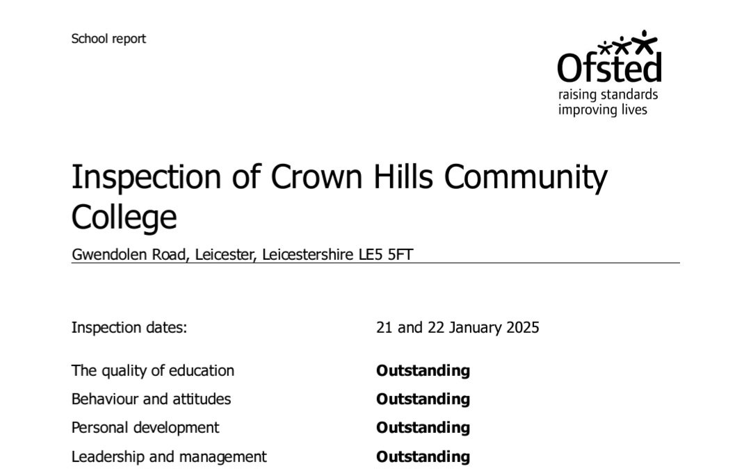 Proud to be part of <a href="/CHCC_Official/">Crown Hills Community College</a>  
It's official we are OUTSTANDING in all areas! <a href="/Ofstednews/">Ofsted</a> 👏🏽👏🏽