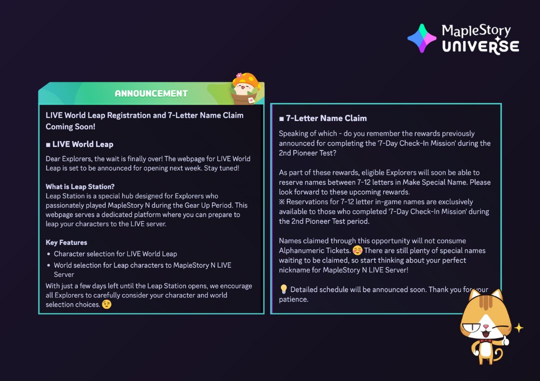 Leap Station launches next week! Gear Up players can: 🔹 Character  selection for the LIVE World Leap 🔹 Choose your world for MapleStory N  Plus, Check-In Mission completers can: 🔹 Claim 7-12