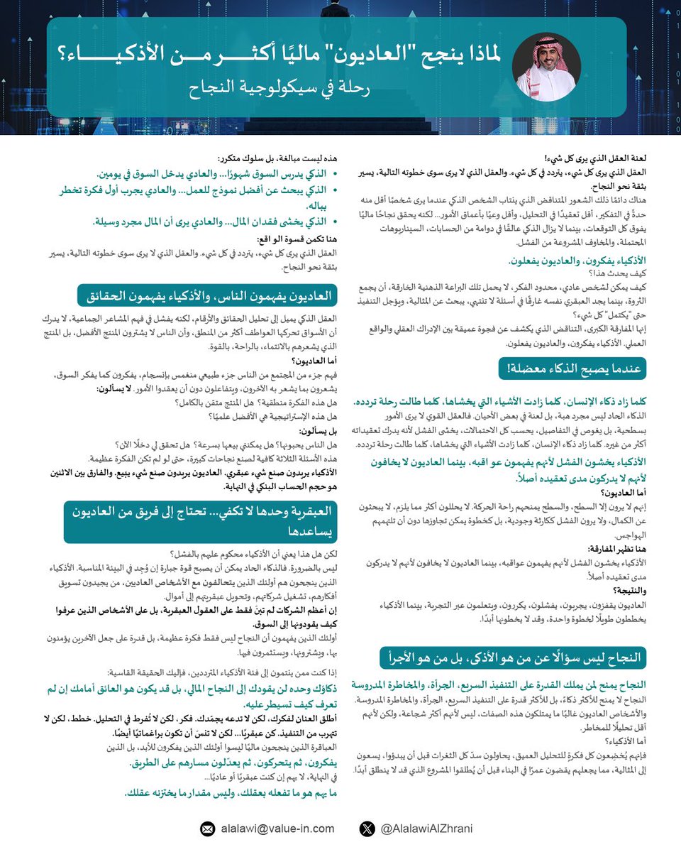 لماذا ينحج الإنسان العادي ماليا أكثر من "الأذكياء"
رحلة في سيكولوجية النجاح.