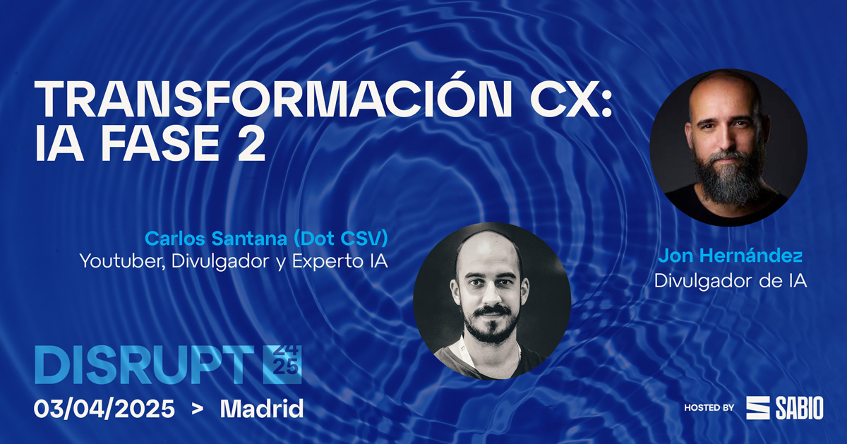 🤖 Este #Disrupt25 volvemos a contar con uno de los grandes divulgadores sobre IA de nuestro país: <a href="/DotCSV/">Carlos Santana</a>
Nos acompañará en "Transformación CX: IA Fase 2" para hablarnos la nueva fase de transformación en la aplicación de la #IA en #CX. 
¡Inscríbete!👉 go.sabiogroup.com/Disrupt25-Spai…