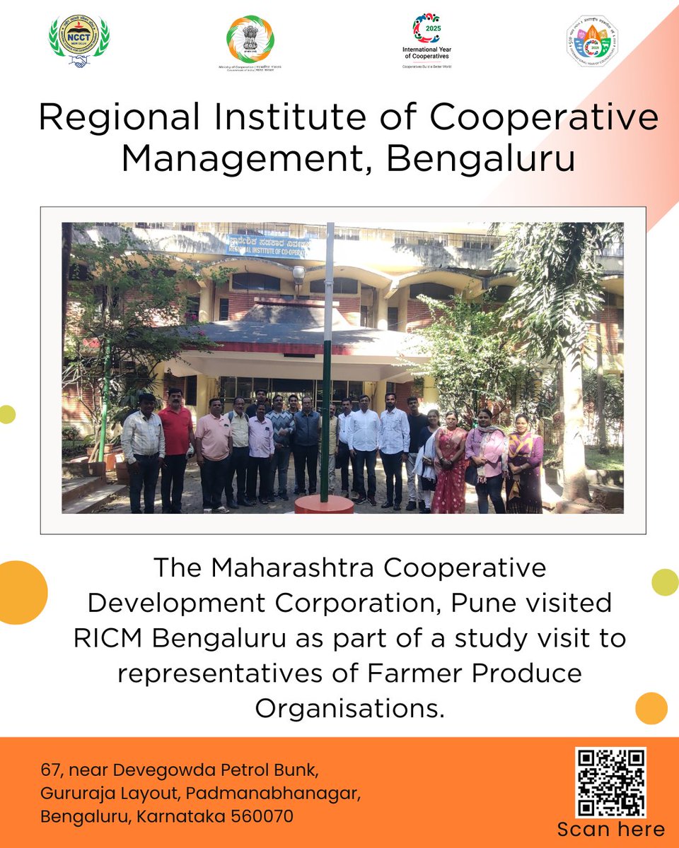 BangaloreR46958's tweet image. We were glad to have the Maharashtra Cooperative Development Corporation, Pune, visit RICM Bengaluru as part of their study tour with representatives of Farmer Producer Organizations. 🌾🤝

:

#NCCT #AmitShah #minofcooperation #ricm#sahakarsesamriddhi