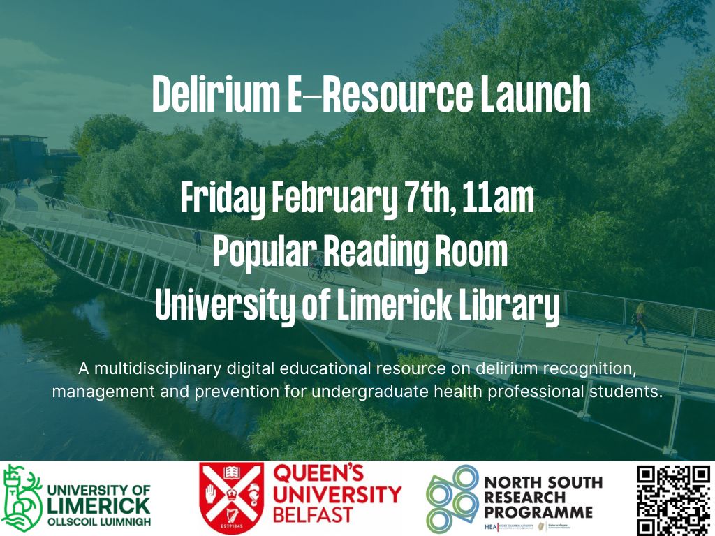 The DelHPIre (Delirium Health Professionals Ireland) project is launching its multidisciplinary e-resource on delirium recognition, management and prevention for health professional students, which was co-designed by researchers and students. 
Register: forms.office.com/e/CDJnH8H50E
