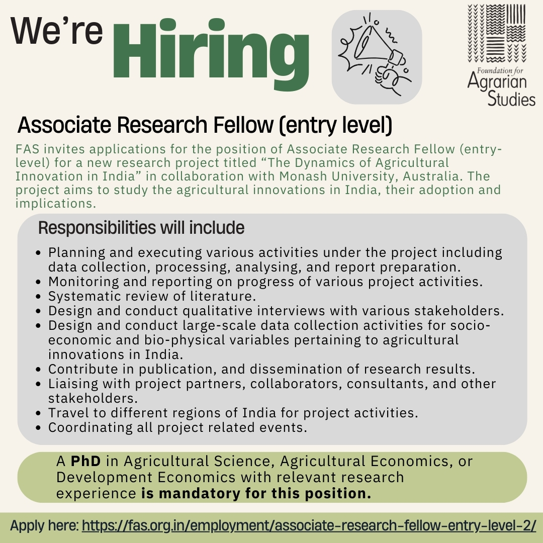 fasagristudies's tweet photo. 📢WE'RE HIRING📢

FAS is looking to hire an Associate Research Fellow (entry-level) to work out of its Bengaluru office.

The employment duration is two years (extendable by one year based on performance).

Joining date: Immediate

Appy soon!

For more details: https://t.co/cTurNw4ekS