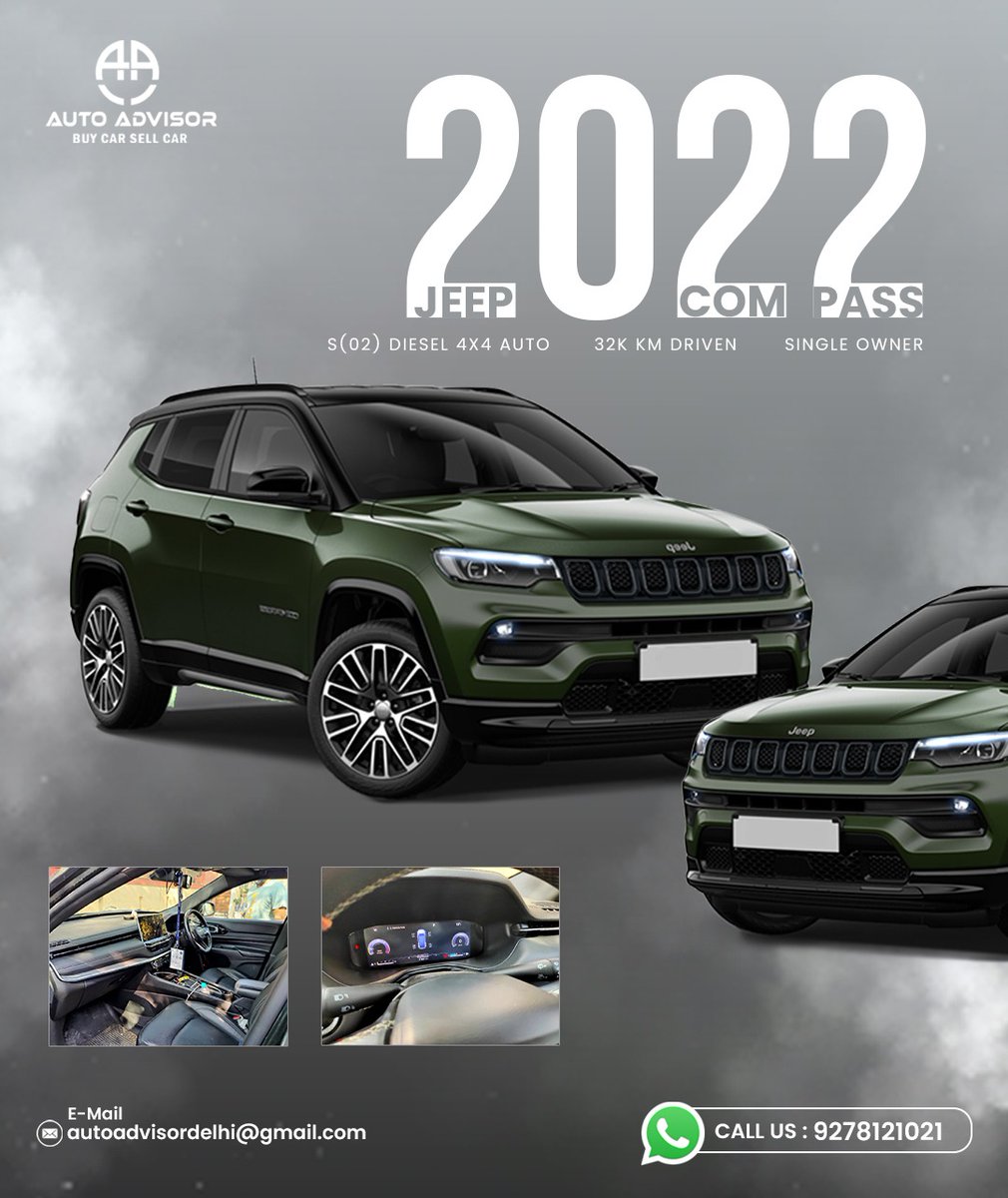 AutoAdvisorInd's tweet photo. ✨𝐉𝐄𝐄𝐏 𝐂𝐎𝐌𝐏𝐀𝐒𝐒 𝐒 (𝟎𝟐) 𝐃𝐈𝐄𝐒𝐄𝐋 ✨

👉  𝐌𝐎𝐃𝐄𝐋- 2022 OCTOBER | 𝐂𝐎𝐋𝐎𝐑-TECHNOMET green COLOUR with grey roof

👉𝐃𝐌 𝐮𝐬 𝐟𝐨𝐫 𝐦𝐨𝐫𝐞 𝐃𝐞𝐭𝐚𝐢𝐥𝐬: 📞𝟗𝟐𝟕𝟖𝟏𝟐𝟏𝟎𝟐𝟏
𝐄𝐦𝐚𝐢𝐥: autoadvisordelhi@gmail.com
 
#autoadvisor #lajpatnagar https://t.co/hWabeDl5mU