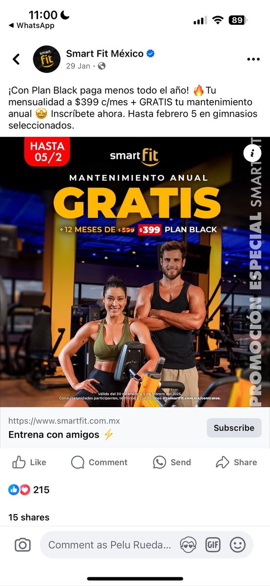 pelu_rueda's tweet photo. @SmartFitMx me acabo de inscribir hace rato con ustedes tomando el plan black y me cobraron $599 la mensualidad y en FB tienen esta información. ¿Me van a respetar el precio que viene en su página de FB de $399? https://t.co/ixYkWUd19P