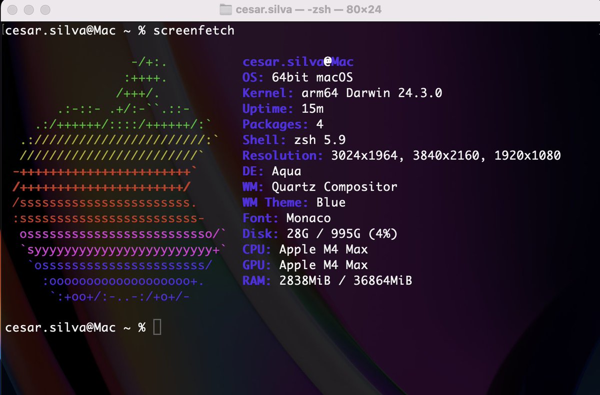 tuestebajo's tweet image. #Screenfetch en #macOS Sequoia, M4 Max 🚀