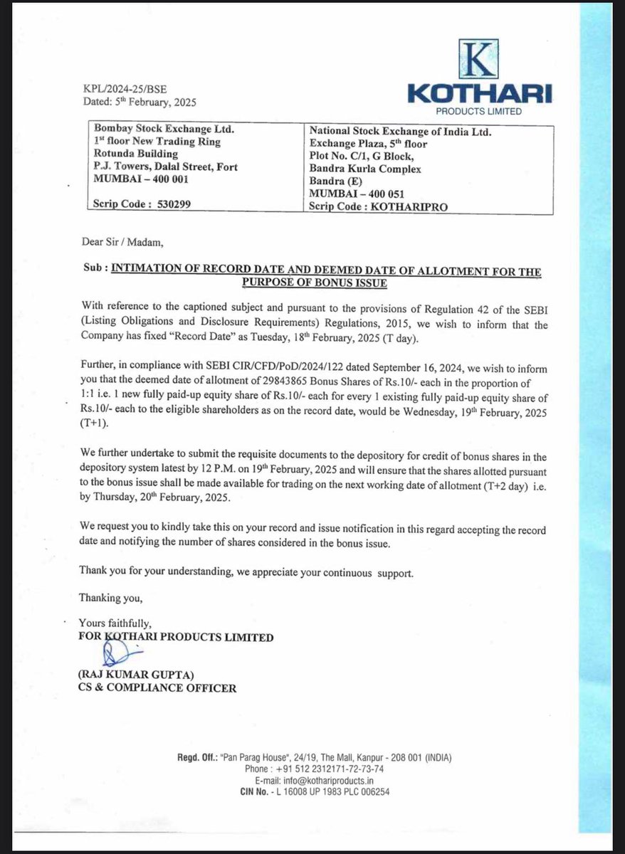 Vivek_Ruparel's tweet image. #BONUS #KOTHARIPRO

Bonus Shares of Rs.I 0/- each in the proportion of #Ratio 1: 1 each to the eligible shareholders as on the #RecordDate, would be Wednesday, 191h February, 2025