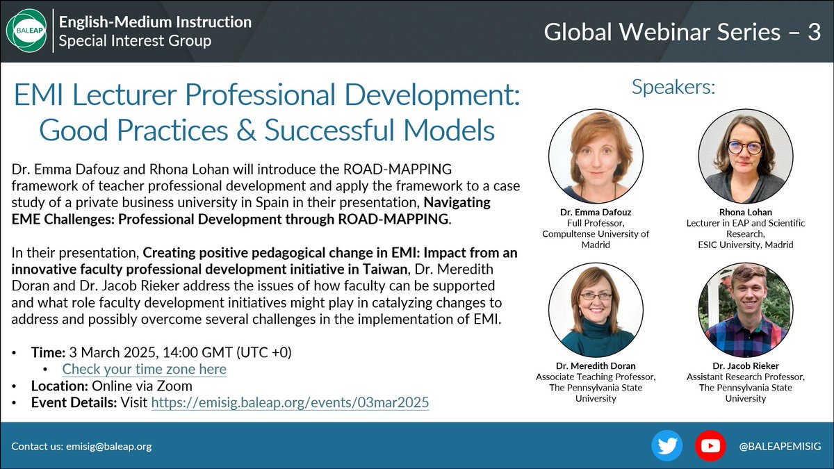 Coming up next month: Two presentations on EMI Lecturer Professional Development, featuring Dr. Emma Dafouz, Rhona Lohan, Dr. Meredith Doran, and Dr. Jacob Rieker!  More info here: emisig.baleap.org/events/03mar20…
