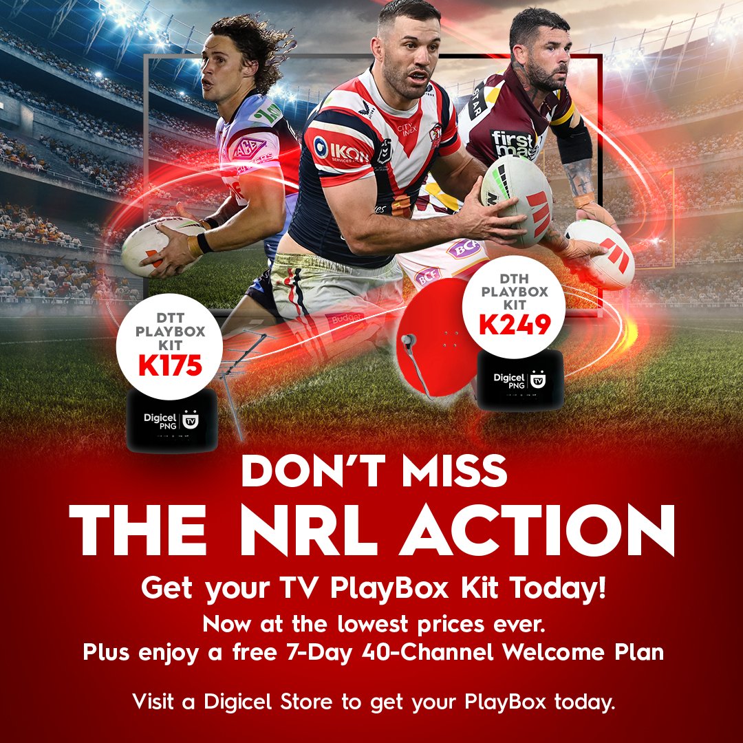 The 2025 NRL season is here! Get your TV PlayBox Kit today and enjoy a Free 7Day 40-Channel Welcome Plan!  Don't miss out! Visit a Digicel Store to get your PlayBox today. 
#DigicelTV #NRL2025 #DigicelTVHomeOfRugbyLeague #DigicelBetterTogether #DigicelPNG