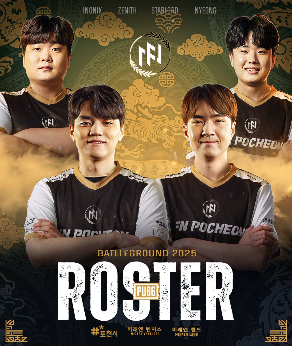 FNesportsGlobal's tweet photo. FN Pocheon PUBG Team을 여러분께 소개합니다.

Inonix 나희주 선수, Starload 이종호 선수, Zenith 이재성 선수, Nyoung 유대녕 선수를 환영해 주세요!

Introducing the FN Pocheon PUBG Team.

Please welcome Inonix (Na Hee-joo), Starload (Lee Jong-ho), Zenith (Lee Jae-sung), and Nyoung (Yoo Dae-nyeong)!

Head Coach
🧠 MAESTRO

Players
🎇 Inonix
💡  Starload
🎯 Zenith
💥 Nyoung 

#FNesports #FNPocheon #FNWIN #MAKEAWAY #FNPUBG #Inonix #Starload #Zenith #Nyoung