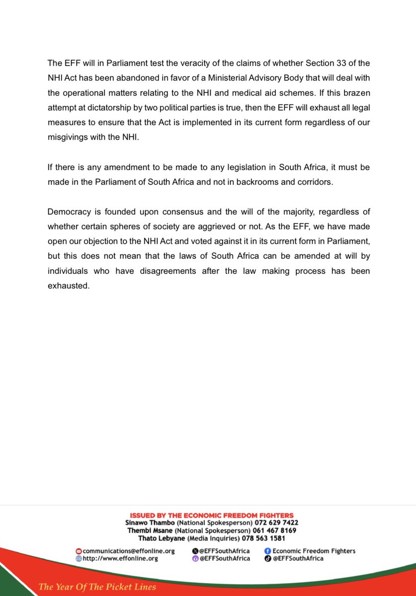 EFF Statement On Unlawful Deal Between Minister Of Planning, Monitoring And Evaluation And Democratic Alliance (DA) To Amend National Health Insurance Act.

The amendment of legislation outside of the Houses of Parliament, is a practical establishment of a parallel law-making