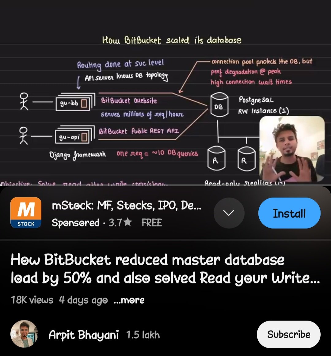 ezeslucky's tweet image. Scaling databases is tough! BitBucket&apos;s approach to reducing DB load and solving read consistency issues is super insightful. Check out @arpitbhayani&apos;s breakdown! #Tech #BackendEngineering 
@arpit_bhayani