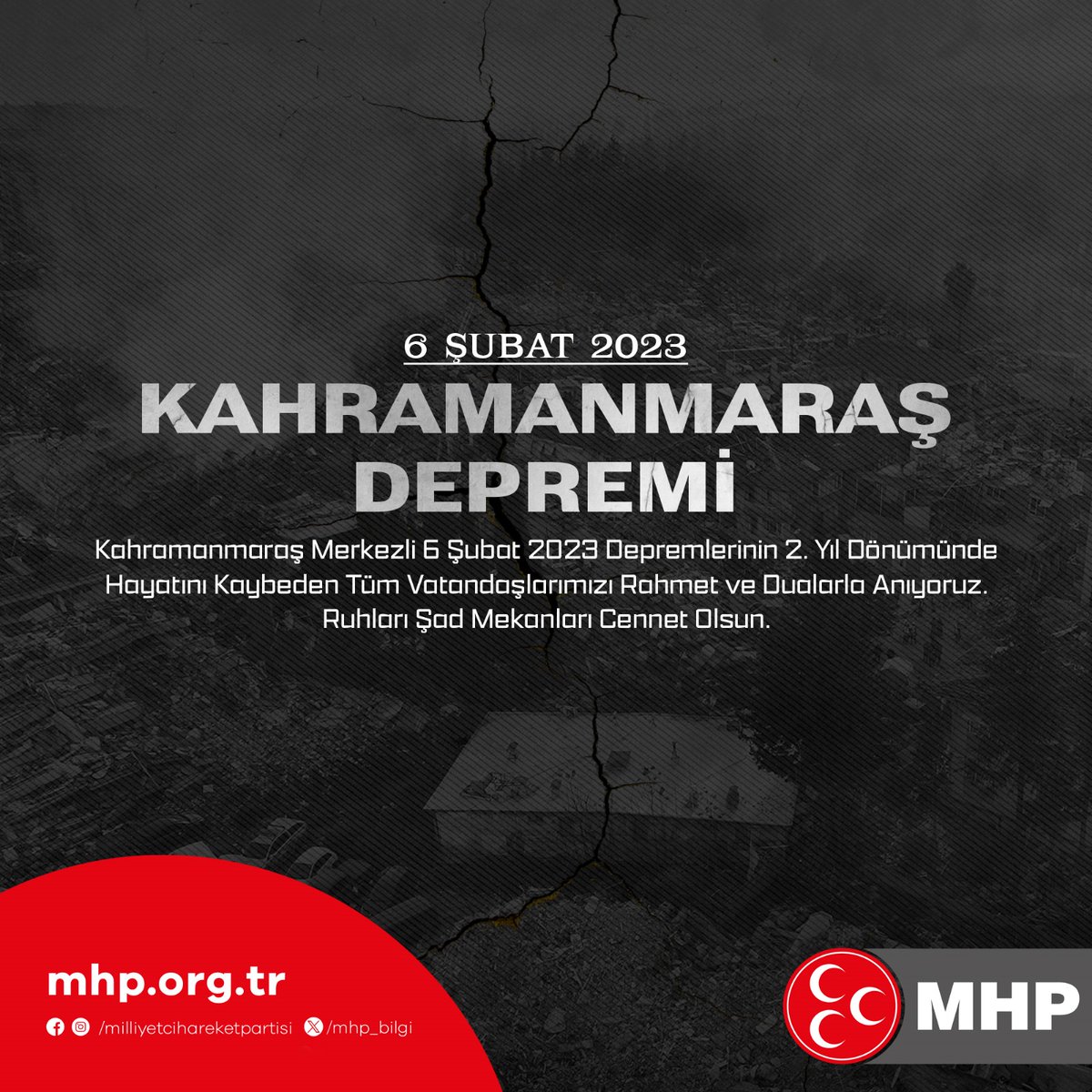 Kahramanmaraş Merkezli 6 Şubat 2023 Depremlerinin 2. Yıl Dönümünde Hayatını Kaybeden Tüm Vatandaşlarımızı Rahmet ve Dualarla Anıyoruz.
Ruhları Şad, Mekanları Cennet Olsun.