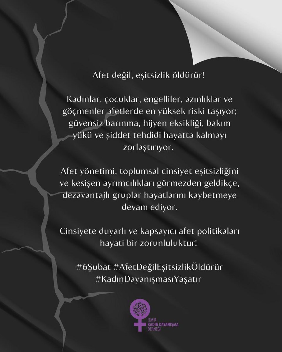 Afet degil, esitsizlik öldürür!
Kadinlar, çocuklar, engelliler, azinliklar ve göçmenler afetlerde en yüksek riski tasiyor; güvensiz barinma, hijyen eksikligi, bakim yükü ve siddet tehdidi hayatta kalmayi zorlastiriyor
#6Subat #AfetDegilEsitsizlikÖldürür
#KadinDayanismasiYasatir