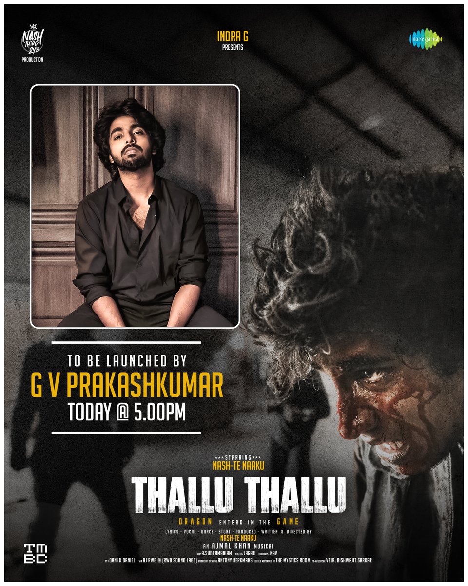 Buckle Up! <a href="/gvprakash/">G.V.Prakash Kumar</a> Unveils The #ThalluThallu Music Video Today at 5 PM! 🤩🎶

🎶 <a href="/ajmalmusic/">Ajmal</a>

Starring <a href="/nashtenaaku/">Naresh Arumugan Pillai</a>

#TheNashThirdEye #Subramaniam #Jagan #Vela #BiswajitSarkar #thalluthallu #nashtenakku
