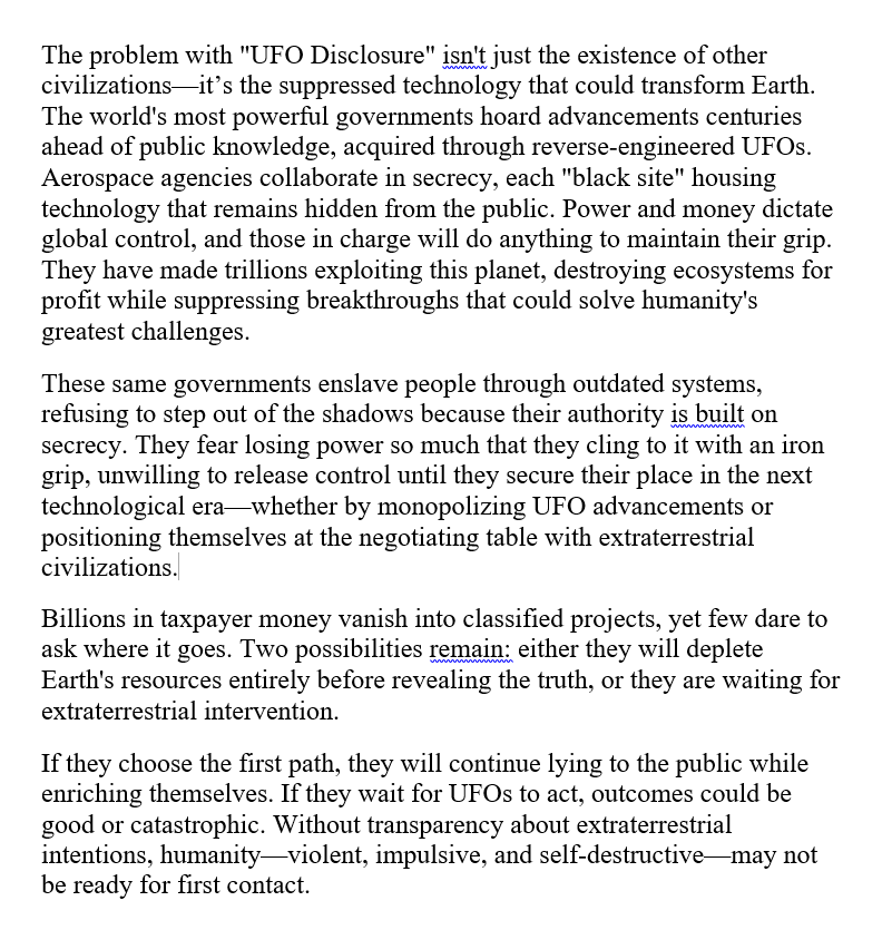 JimmyStark77's tweet image. UFO Disclosure isn&apos;t just about aliens—it&apos;s about suppressed tech that could change the world. Govs hoard advancements, control resources, and keep humanity in the dark for power and money. The truth is bigger than you think. #UFO #Disclosure #SecretTechnology #BlackProjects
