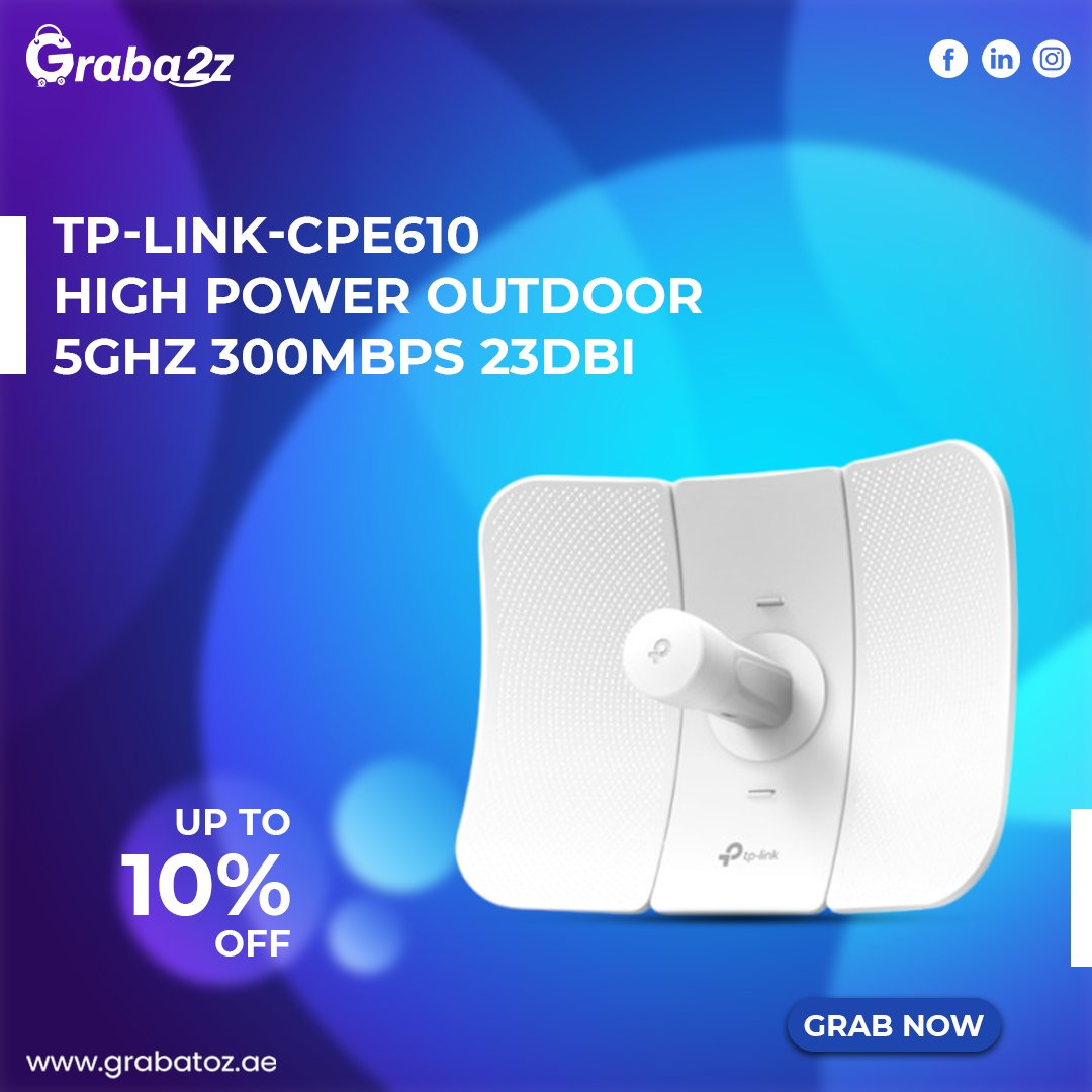 GrabAtoz's tweet photo. 🚀 TP-Link CPE610 – High Power Outdoor WiFi! 🚀

✔ 23dBi High-Gain Antenna
✔ Long-Range Wireless Transmission
✔ Durable &amp; Weatherproof Design

🔥 Get up to 𝟭𝟬% 𝗢𝗙𝗙!
👉 Order now @Grabatoz

#TPLINK #WiFiBooster #HighSpeedInternet #Networking #routers #Grabatoz #tech #uae https://t.co/dHiwYihswp