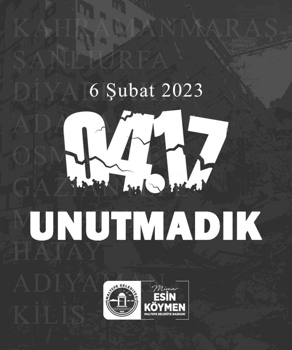 Esin Köymen (@koymenesin) on Twitter photo Unutmadık, unutmayacağız!
Dirençli kentler, yapı güvenliği, afet öncesi ve sonrası stratejiler, erken uyarı sistemleri ve toplumun bilinçlendirilmesi büyük önem taşımaktadır. Bu nedenle ortak akıl, bilim ve dayanışma ile hareket etmeliyiz.
6 Şubat depreminin yıl dönümünde Unutmadık, unutmayacağız!
Dirençli kentler, yapı güvenliği, afet öncesi ve sonrası stratejiler, erken uyarı sistemleri ve toplumun bilinçlendirilmesi büyük önem taşımaktadır. Bu nedenle ortak akıl, bilim ve dayanışma ile hareket etmeliyiz.
6 Şubat depreminin yıl dönümünde