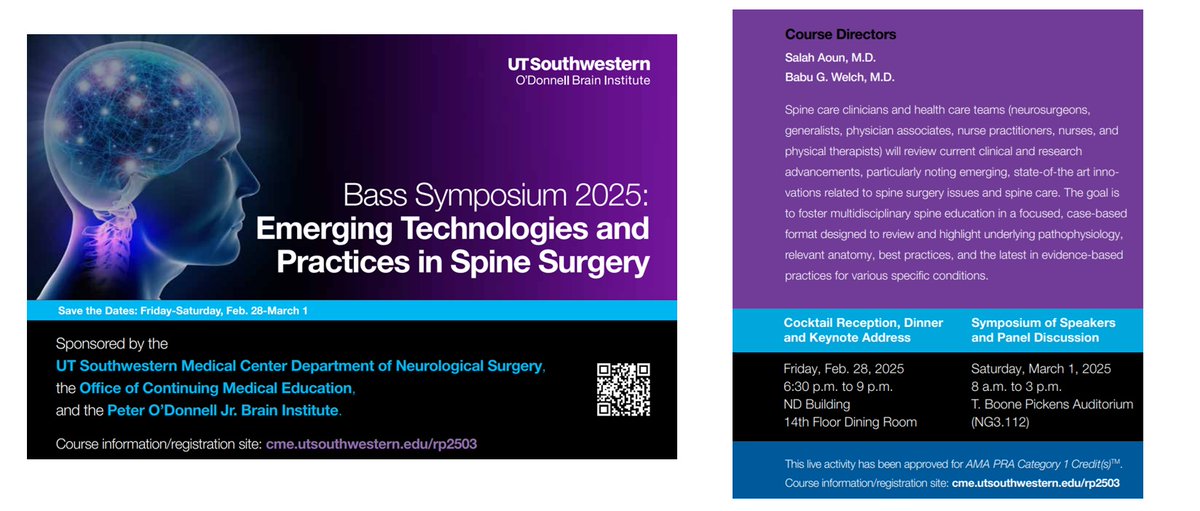 SalahGAoun's tweet image. I encourage anyone interested in new advances in spine surgery to join us at the Bass symposium (live or remotely) on March 1st. Talks will appeal to hospital employees, LVNs, RNs, and a full spectrum of residents and physicians from primary care to surgery.@UTSWMedCenter…