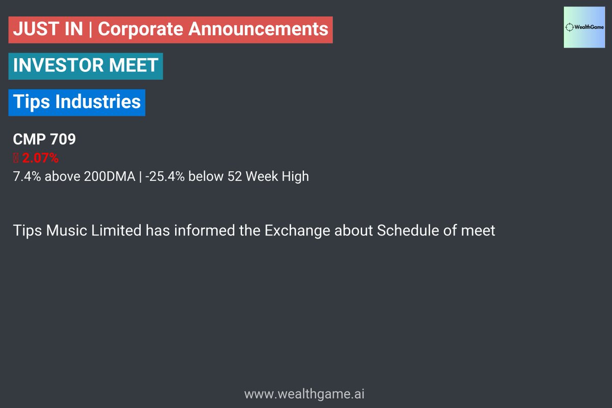 VPickr's tweet image. #TIPSMUSIC #INVESTORMEET | Tips Industries #stockmarketindia
Announcement Link:: nsearchives.nseindia.com/corporate/TIPS…

For live corporate announcements, visit :  wealthgame.ai