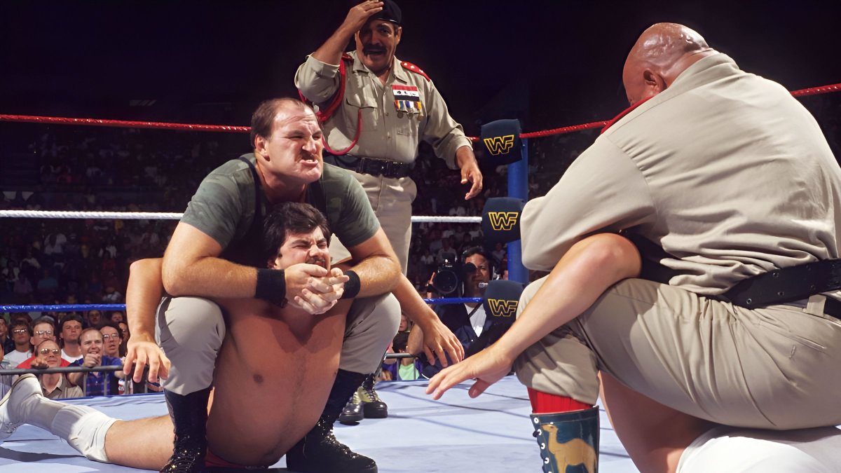 WWFWrestling1's tweet photo. It's Camel Clutches all round! 🐪 @_SgtSlaughter #WWF #WWE #Wrestling #GeneralAdnan #ColonelMustafa #SgtSlaughter #TriangleOfTerror https://t.co/w2jedu2tdV