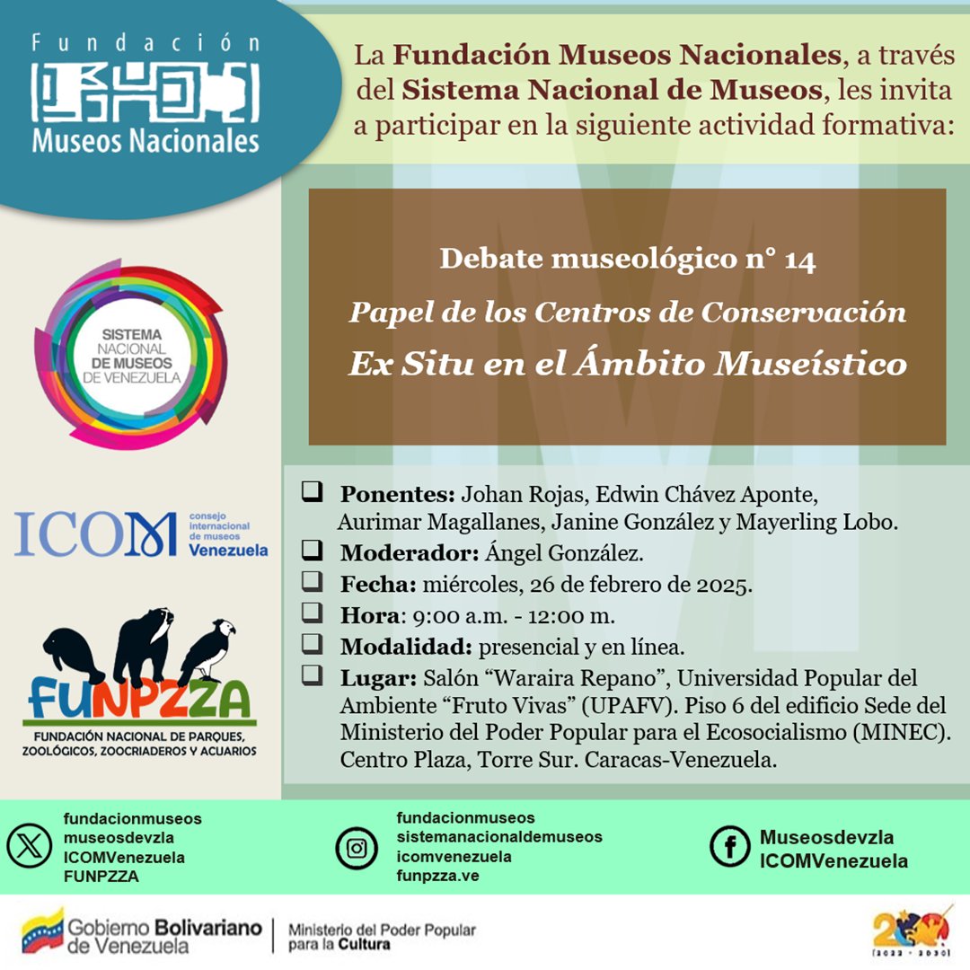 museosdevzla's tweet image. Debate “Mu-zoológico”: Papel de los centros de conservación Ex Situ en el ámbito museístico [instagram.com/p/DFuDcnpOk60/] Formulario de Inscripción: forms.gle/rXwr5wg4CuoV6Q…
Enlace de reunión en línea: meet.jit.si/debatemuseolog…
