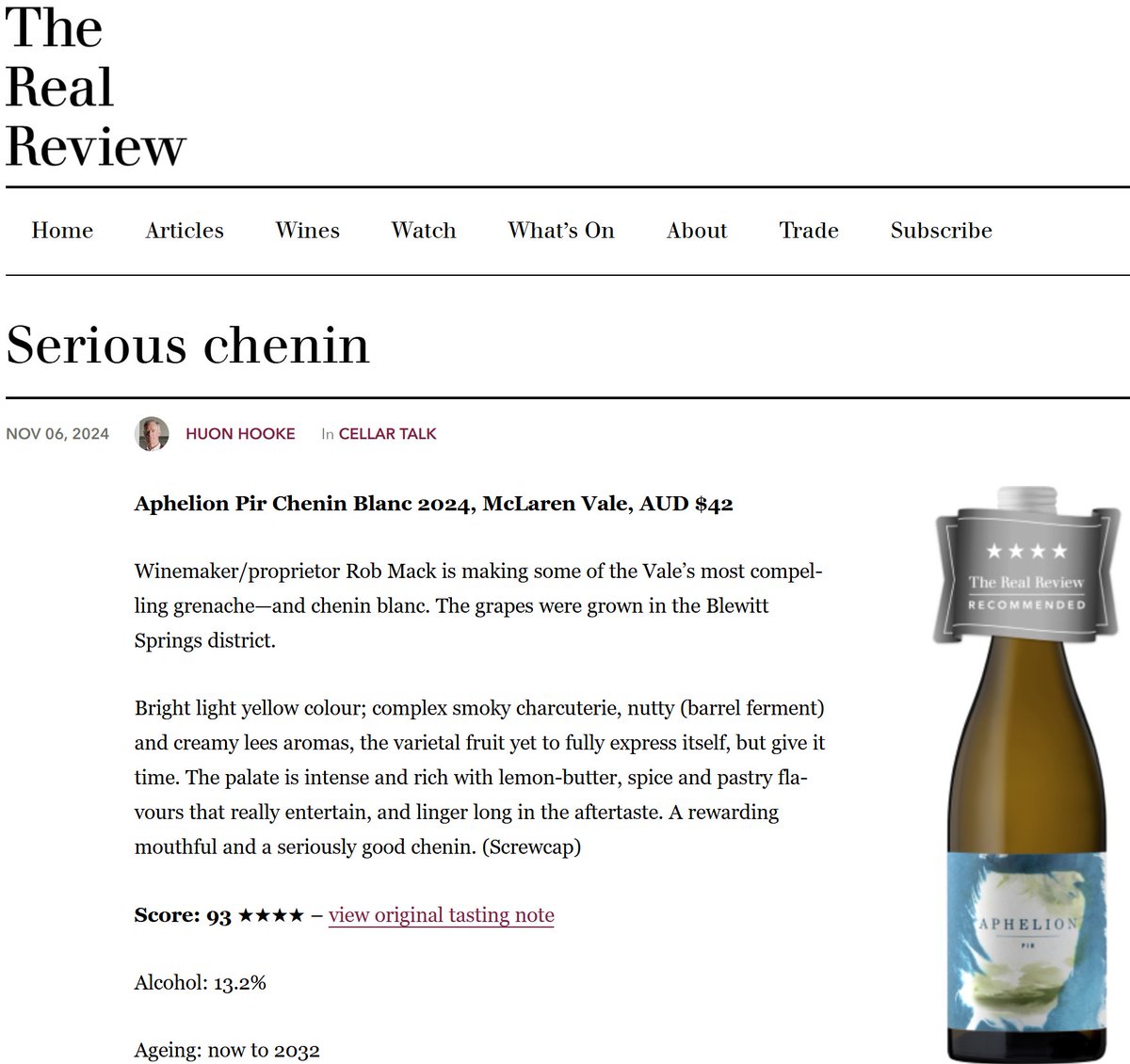 SERIOUS CHENIN

The accolades for the Pir continue to roll in:

* Trophy, Gold Medal &amp; 96 Points McLaren Vale Wine Show
* 93+ points Gary Walsh for The Wine Front
* 93 points Huon Hooke The Real Review
* ♥ Lou
* ♥ 🔥 Rob

SERIOUSLY, TRY SOME HERE >>>> aphelionwine.com.au/collections/al…