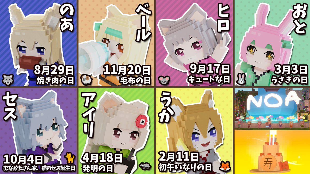 SushiNFTart's tweet image. あけじーさん（@akezima_d）の ＃NOA キャラ「けもみみ7」の誕生日をまとめてみました🥳🎂✨
よろしければ、ブクマしてご活用ください📅🌈
#NOAart