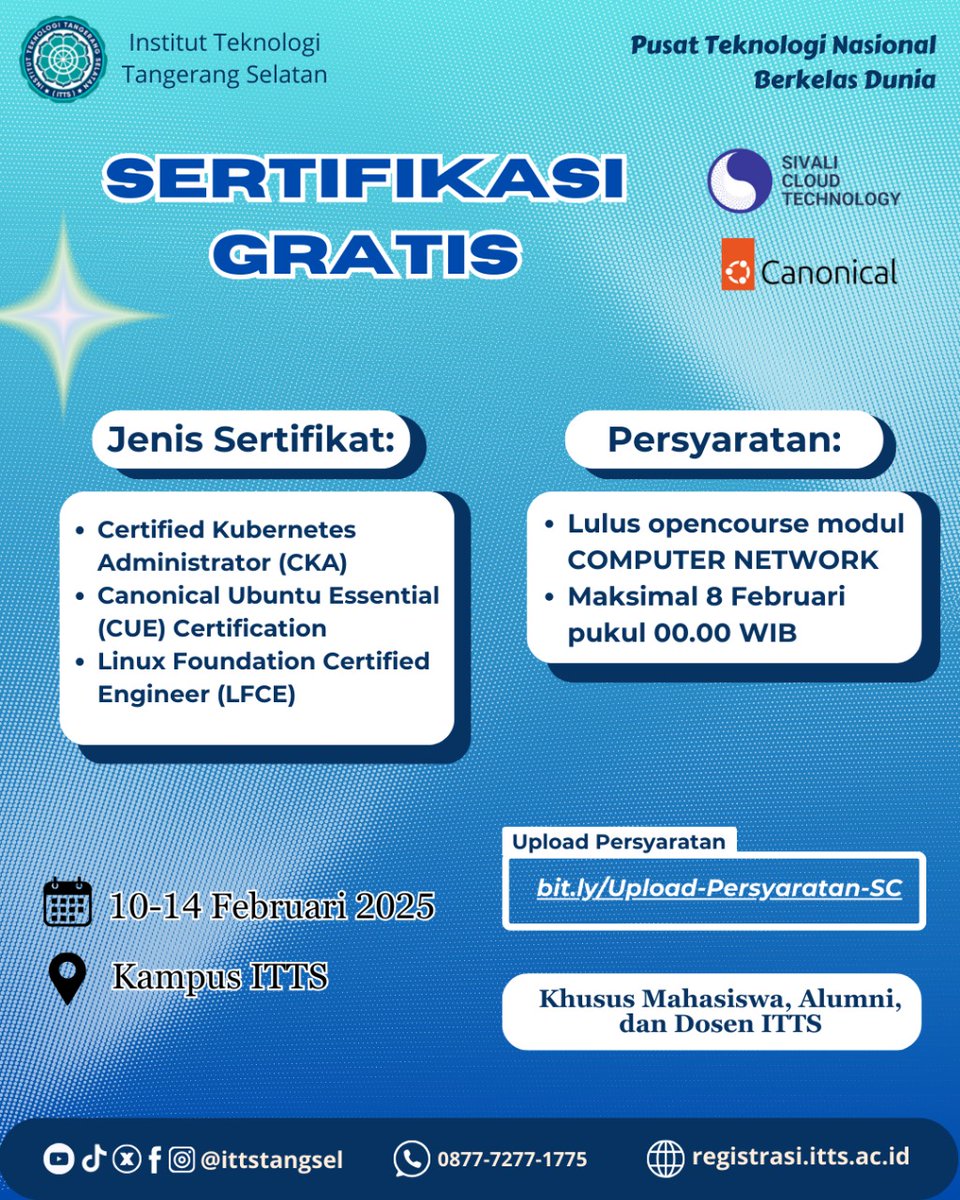 🚀 SERTIFIKASI GRATIS! 🎉

Institut Teknologi Tangerang Selatan (ITTS) bekerja sama dengan Canonical &amp; Sivalji Cloud Technology menghadirkan sertifikasi gratis untuk mahasiswa, alumni, dan dosen ITTS!

Jangan lewatkan kesempatan ini! 🔥 
<a href="/onnowpurbo/">Onno W. Purbo</a>