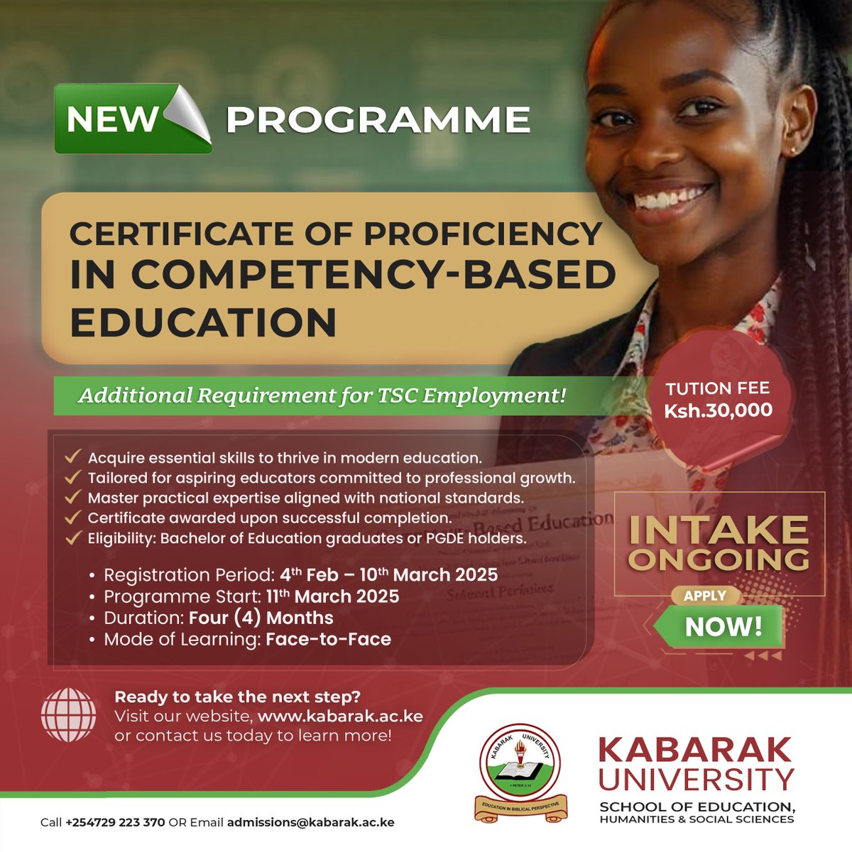 Are you ready to take the next step in your teaching career? <a href="/KabarakUniv/">Kabarak University</a> is offering a 4-month face-to-face Certificate of Proficiency programme designed to equip you with essential skills in Competency-Based Education (CBE). 

📞 Call us at 0729 223 370 or 020 211 4658