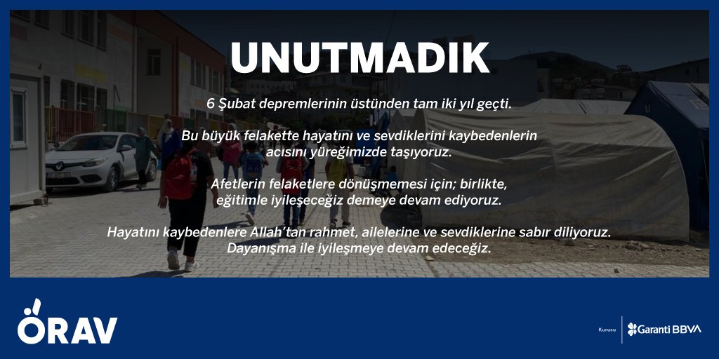 6 Şubat depremlerinin üstünden tam iki yıl geçti.  

Bu büyük felakette hayatını ve sevdiklerini kaybedenlerin acısını yüreğimizde taşıyoruz. Onları unutmadık, unutmuyoruz.  

Afetlerin felaketlere dönüşmemesi için; birlikte, eğitimle iyileşeceğiz demeye devam ediyoruz. Bu