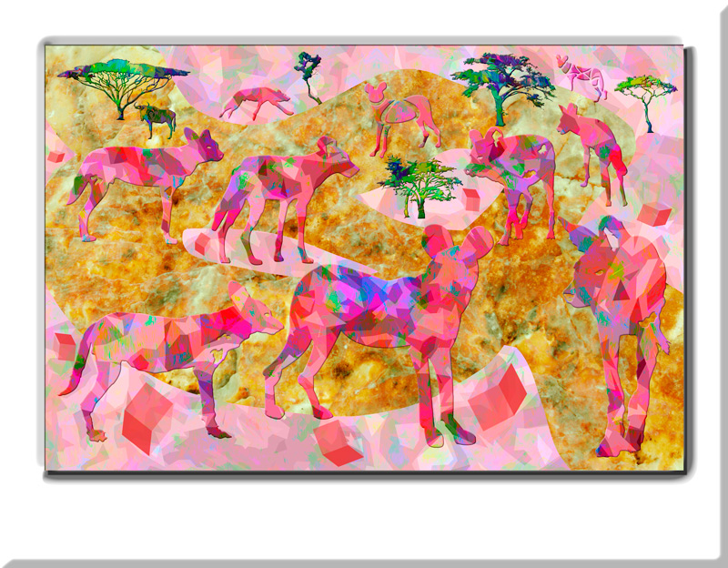 African Wild Dogs ❤
50.0  x 33.3 

This captivating artwork features a vibrant and dynamic scene of African wild dogs, depicted in an abstract and colorful style. The background is a blend of warm hues, with earthy tones of orange and yellow, creating a rich and textured canvas.