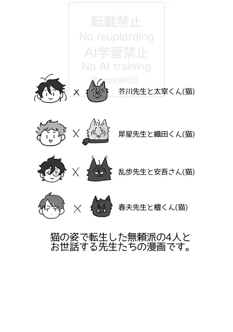2/9ぶらいばーと!新刊「きままな猫と先生たち」本文サンプル(全4p)
BRI派4人が猫の姿で転生した図書館のあくだざ、室織、乱安、はるだんのお話です。

B6/12p/200円
通販も予定しています。よろしくお願いします! 
