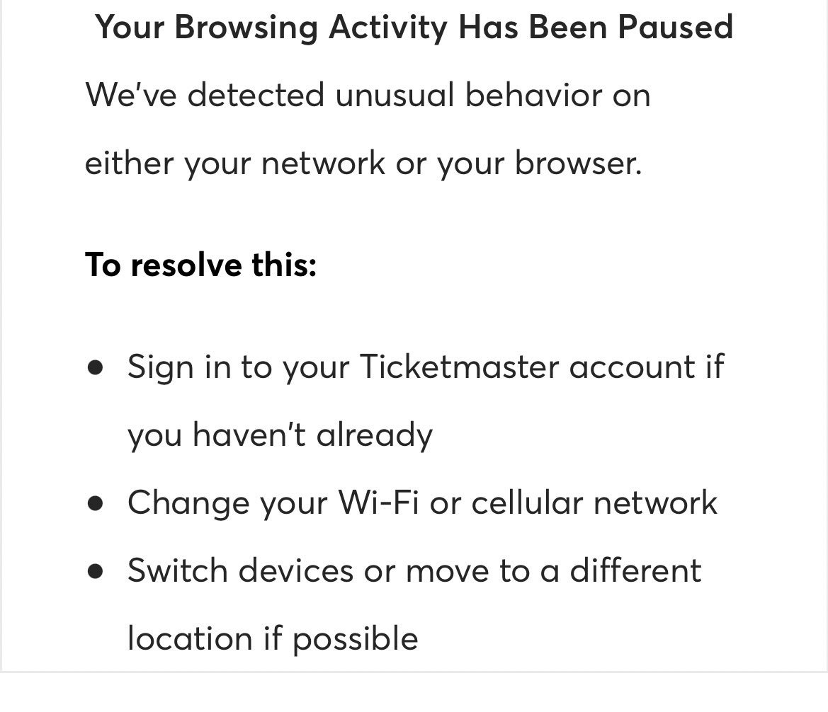 KatieBThompson's tweet photo. @TicketmasterCS hi there, getting this every time I try and log into my ticketmaster account on various devices to register for a presale (with only 3 hours left!) please help 🙏 https://t.co/7YWlxYxFbu