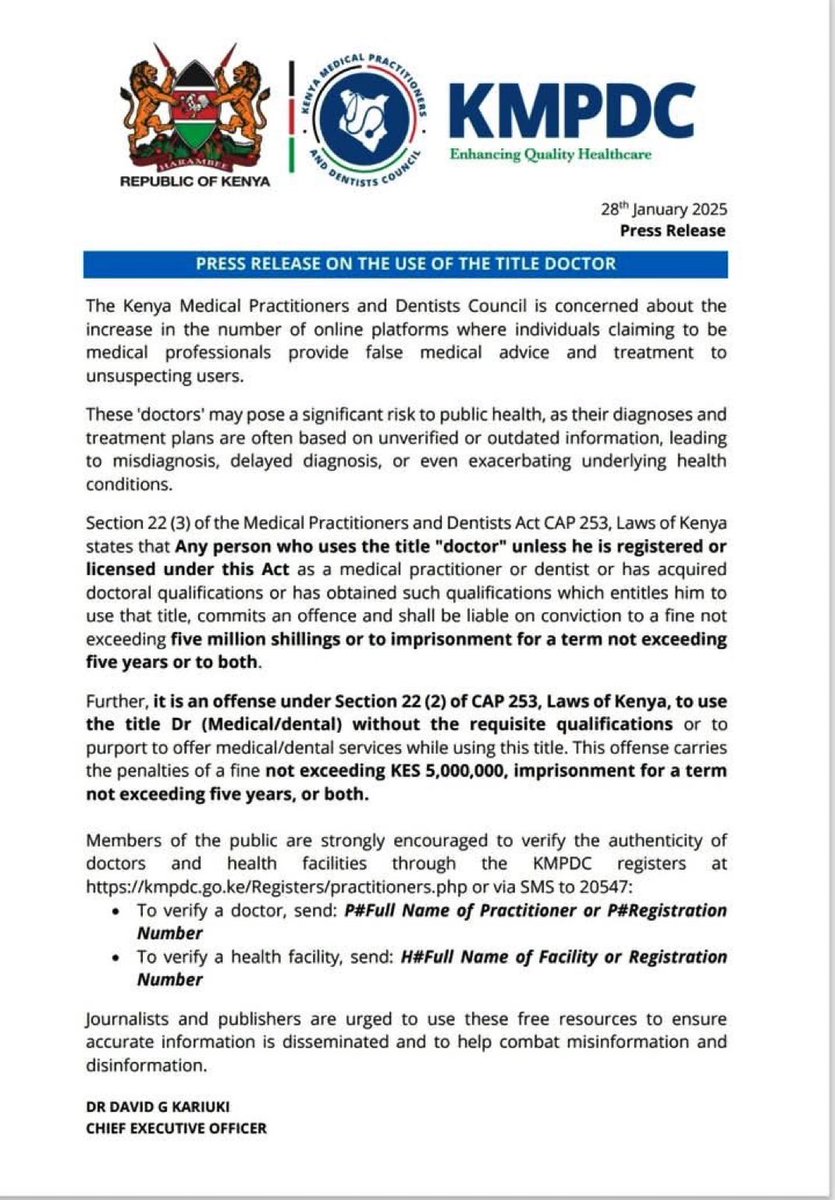 Dr_AustinOmondi's tweet photo. The medical regulatory council, KMPDC has issued a stern warning to fake “Drs” on the internet dishing out unverified treatment plans to unsuspecting Kenyans. This carry a fine of 5 million shilling or a jail term not exceeding 5 year or both. https://t.co/WaPUknW01N