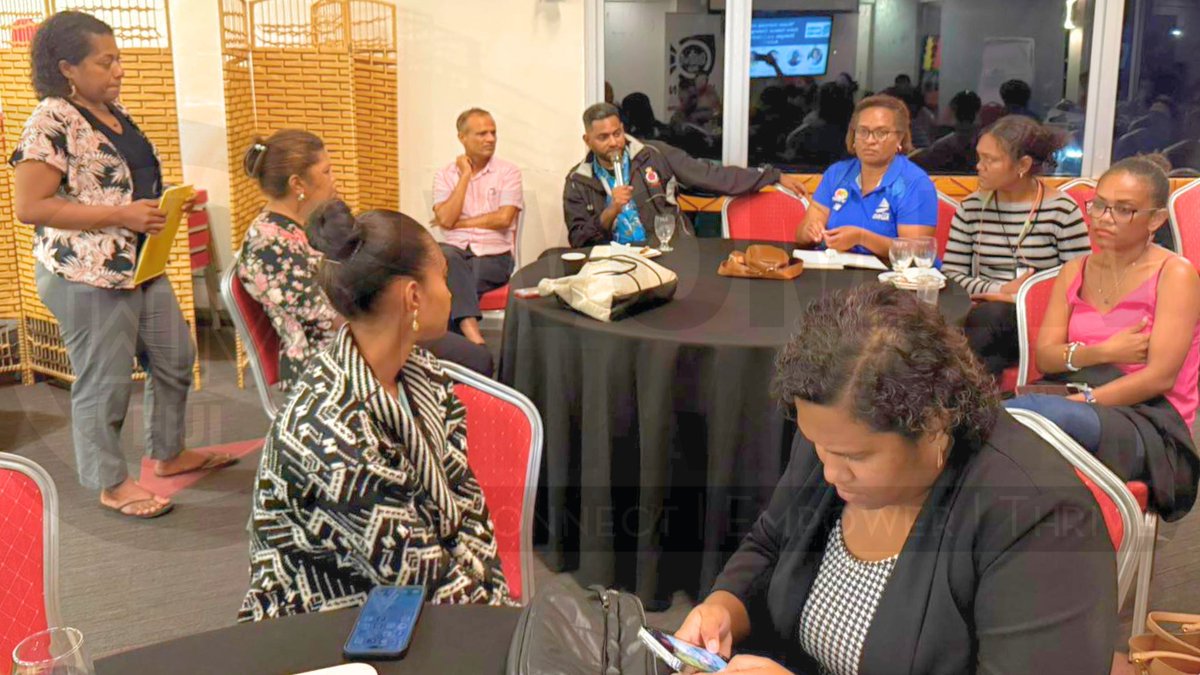WiMFiji's tweet photo. #WiMFiji &amp; regional media reps gathered in Suva for a Talanoa on TFGBV with BBC Media Action. Incredible insights from @IssariyaP, @GeorginaKekea, @GenesisKetan, and Liz Ah Hi on tackling online violence. #TFGBV #WomenInMedia #DigitalSafety #BBCMediaAction #SafeOnlineSpaces https://t.co/UsGK4CmH6n