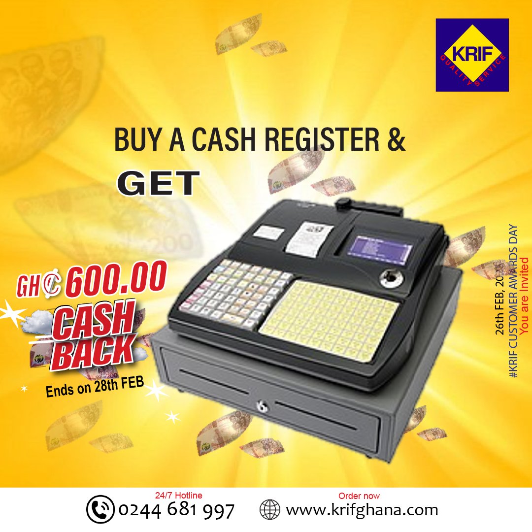 GhanaKrif's tweet photo. Don't miss out on this amazing opportunity to upgrade your point-of-sale system. ✨🙂

Purchase our state-of-the-art Cash Register now, perfect for small businesses, retailers, and entrepreneurs, and Enjoy an Instant mouthwatering CASH BACK. 💵💵 

#KrifGhana
#CashBackpromo https://t.co/5l1ukM5edj