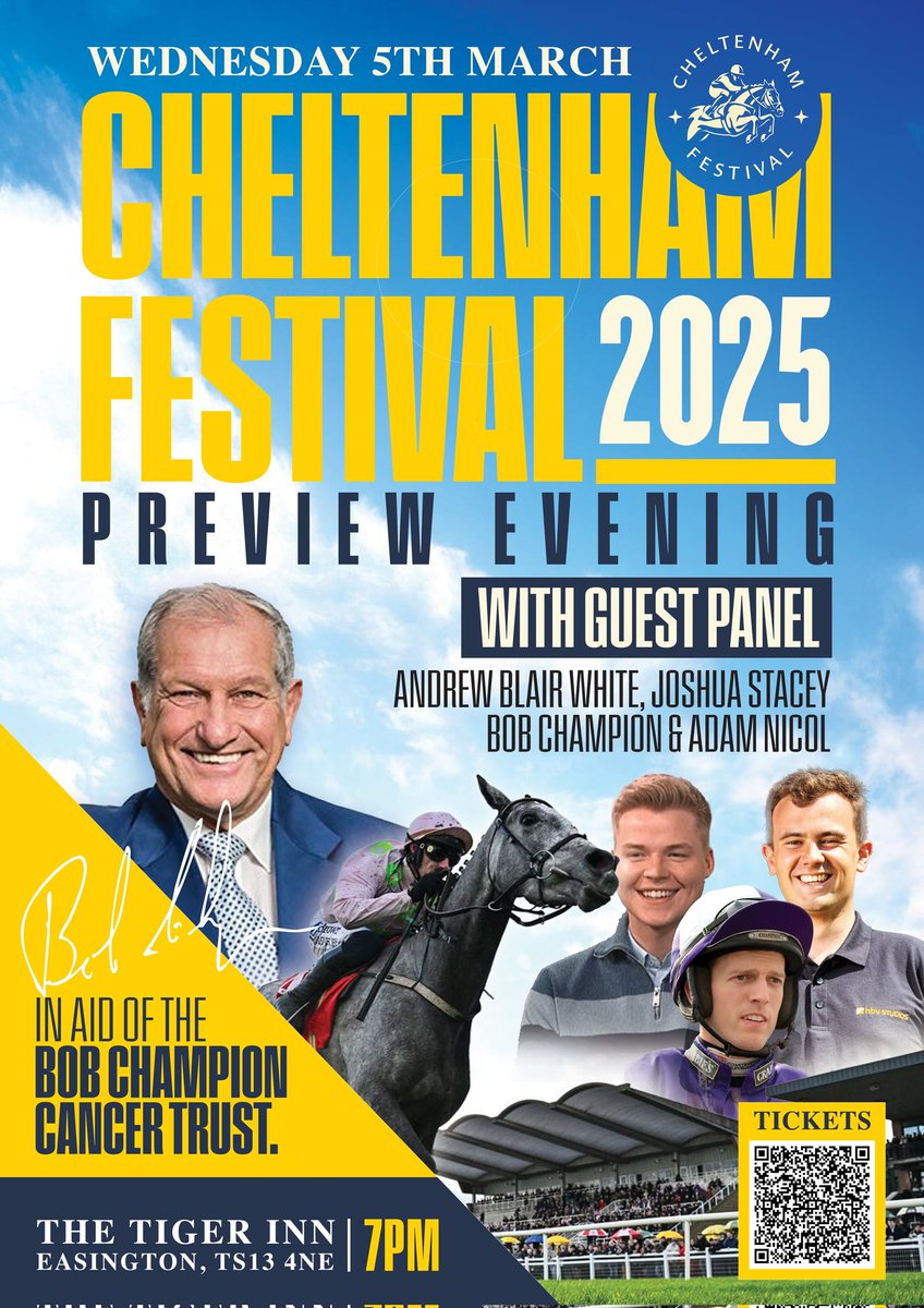 garysivs (@garysivs) on Twitter photo Cheltenham Festival preview evening.
Awesome line up, and we hope to raise money for the amazing work of The Bob Champion Cancer Trust.
Tickets - QR code or
skiddle.com/e/40594252
#CheltenhamFestival #previewevening #cheltenhamtips <a href="/TheRacingJosh/">Joshua Stacey</a> <a href="/ablairwhite13/">Andrew Blair White</a> <a href="/NicolRacing/">Adam Nicol Racing</a> Cheltenham Festival preview evening.
Awesome line up, and we hope to raise money for the amazing work of The Bob Champion Cancer Trust.
Tickets - QR code or
skiddle.com/e/40594252
#CheltenhamFestival #previewevening #cheltenhamtips <a href="/TheRacingJosh/">Joshua Stacey</a> <a href="/ablairwhite13/">Andrew Blair White</a> <a href="/NicolRacing/">Adam Nicol Racing</a>