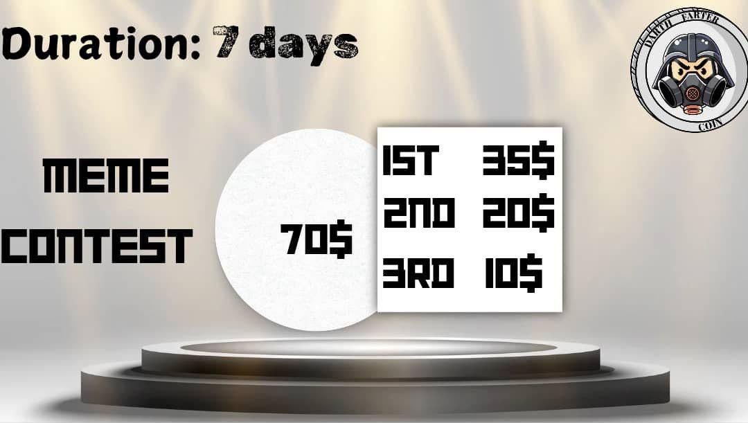 Meme Contest Alert ‼️ 

 @darth_farter1 is hosting its first meme contest!

Tasks:

- Create a $$ winning meme (multiple entries allowed)

- Follow @darth_farter1

- rt to get more reach

- Submit your entries in the telegram group and include the hashtag #memesubmission 

Ends