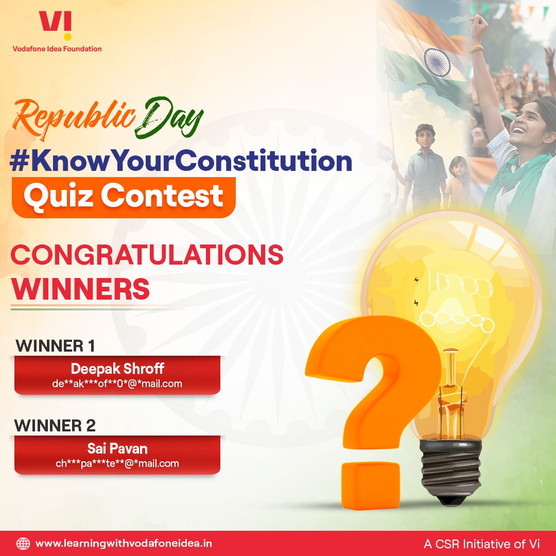 LearningwithVF's tweet photo. We are excited to announce the winners of our #KnowYourConstitution Quiz Contest!

A huge #congratulations to all the winners! Your knowledge and enthusiasm truly stood out. Our team will be reaching out to you soon with your well-deserved #rewards!

#LearningWithVodafoneIdea https://t.co/7vRkV3pooN