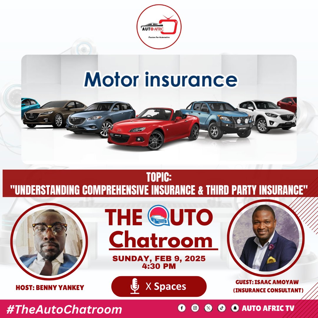 Auto_Forum_TV's tweet photo. "Demystifying Insurance! Join us on Auto CHATROOM as we break down complex INSURANCE policies and uncover the truth about Third-Party Insurance. Don't get caught off guard—know what you’re paying for!
#AutoCHATROOM #AutoAfricTV #InsuranceMatters https://t.co/0ldqR5w2gB