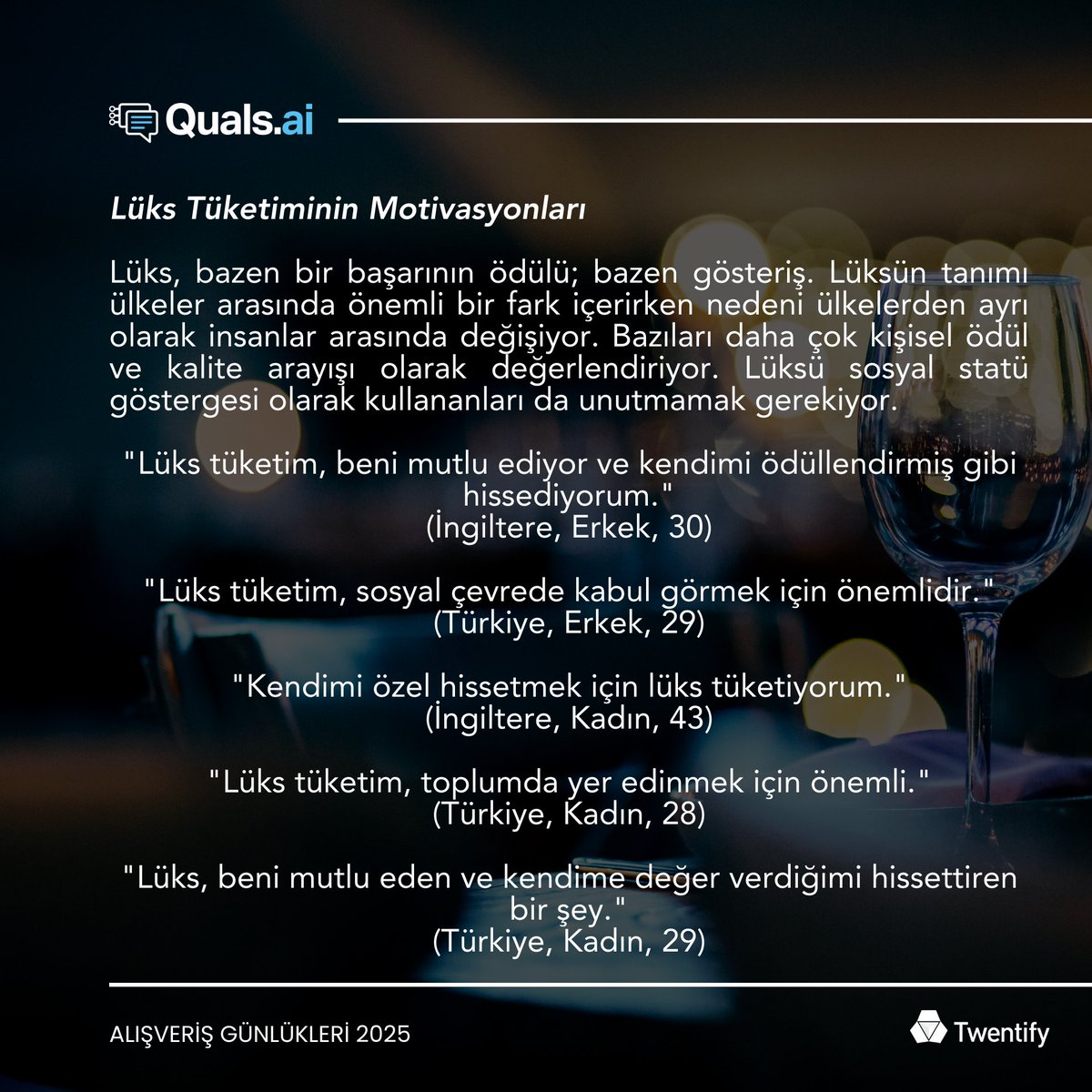 TwentifyTR's tweet photo. QualsAI’nin gücüyle, alışverişçi tutum ve davranışlarının farklı eksenlerde nasıl şekillendiğini incelemek amacıyla yeni araştırma serimize başlıyoruz. Tüketiciler için lüks ne anlama geliyor? Kalite ve prestij mi, yoksa gösteriş ve statü mü? 

https://t.co/5HnC2o8LKF https://t.co/J3niveAeov