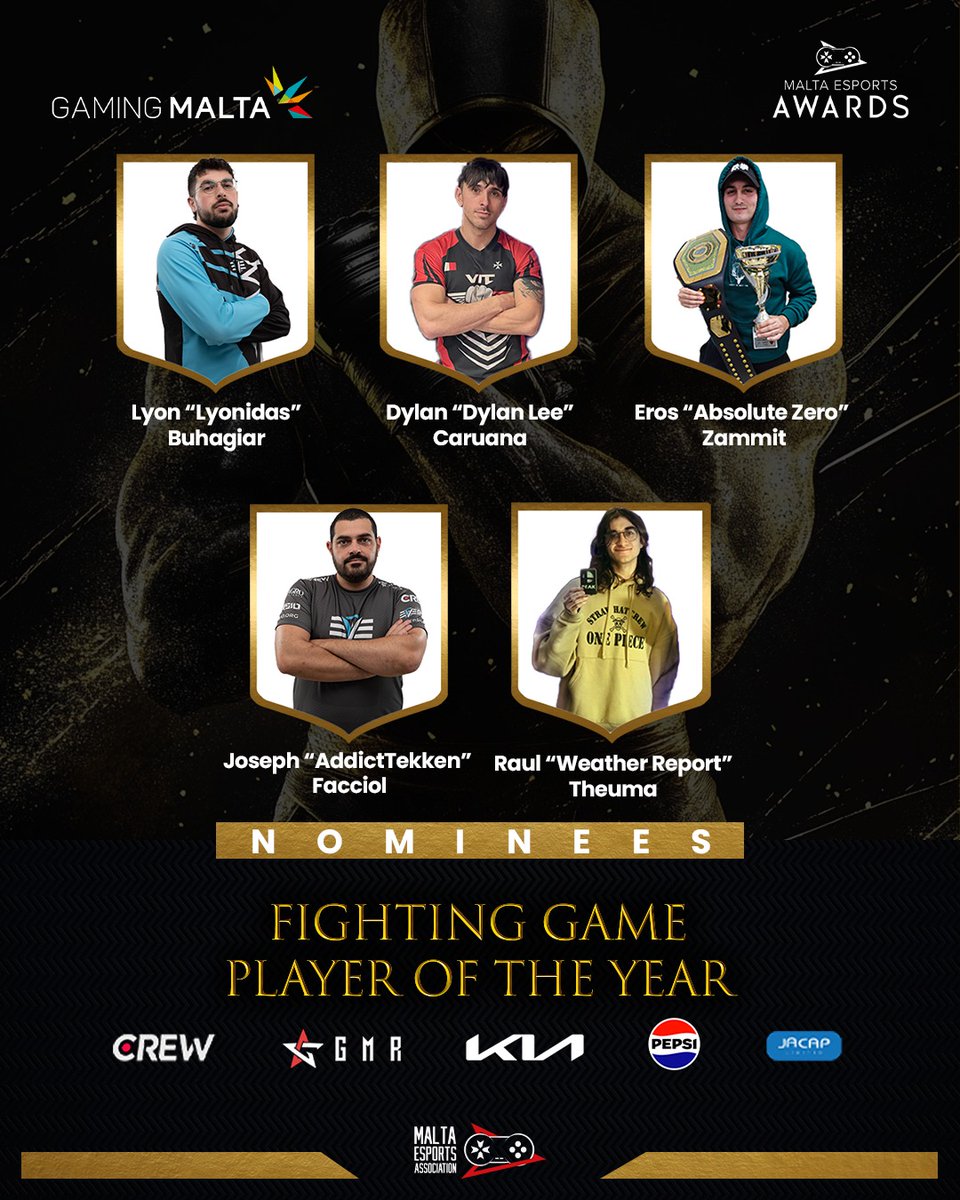 Malta Esports Association (@malta_esports) on Twitter photo 🥊Fighting Game Player of the Year Nominees 🥊
🔥 <a href="/TheLyonidas/">EVE | Lyonidas</a>
🔥 <a href="/DylanLee444/">Dylan Lee</a>
🔥 AbsoluteZero
🔥 <a href="/EversioA/">Eversio Addicttekken</a>
🔥 Weather Report
Who will take home the championship belt? 🥊Fighting Game Player of the Year Nominees 🥊
🔥 <a href="/TheLyonidas/">EVE | Lyonidas</a>
🔥 <a href="/DylanLee444/">Dylan Lee</a>
🔥 AbsoluteZero
🔥 <a href="/EversioA/">Eversio Addicttekken</a>
🔥 Weather Report
Who will take home the championship belt?