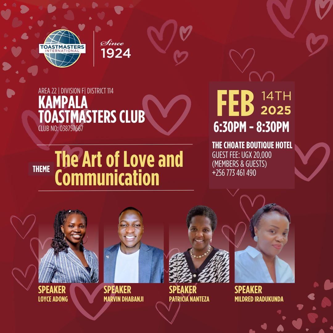 Love and communication go hand in hand but are we truly mastering both? This Valentine’s Day, join Kampala Toastmasters Club for an unforgettable evening where words create connection, laughter sparks learning, and every speech inspires. Experience The  Art of Love ❤️💖